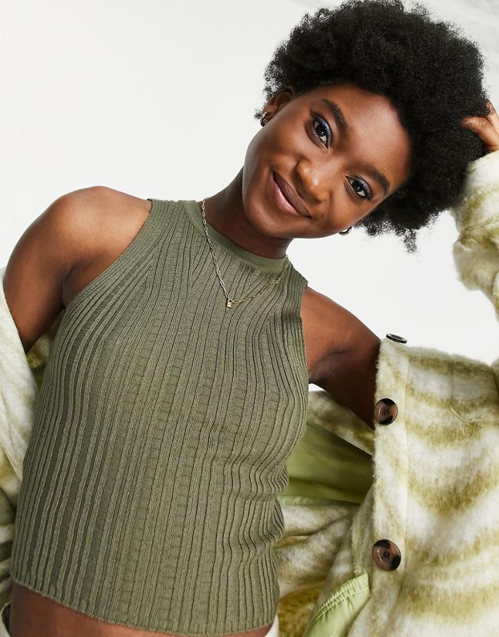 Topshop Knitted Crop Rib Tank In Khaki-green