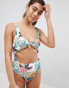 Pull & Bear Floral Knot Front Swimsuit - Pink