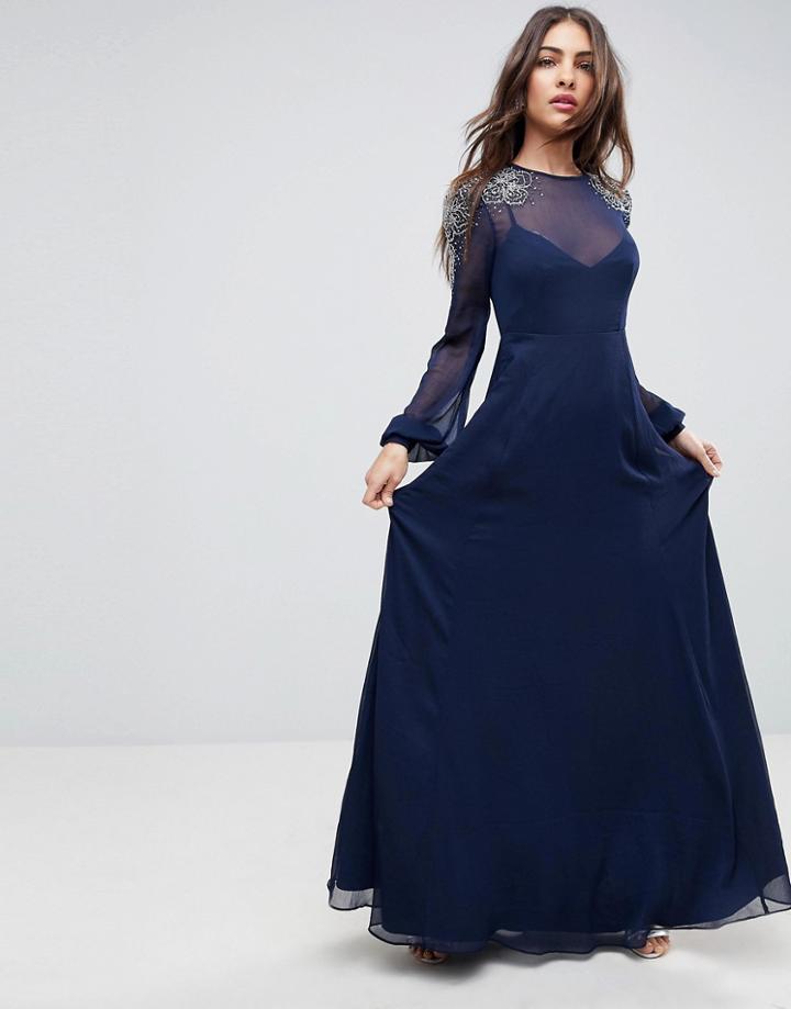 Asos Sheer Sleeve Maxi Dress With Embellished Shoulder Detail - Navy