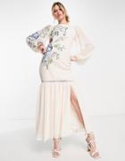 Asos Design Textured Pephem Maxi Dress With Floral Embroidery In Cream-orange
