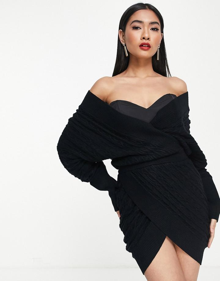 Asos Design Knit Off-shoulder Wrap Mini Dress With Corset Bodice-black