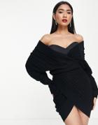 Asos Design Knit Off-shoulder Wrap Mini Dress With Corset Bodice-black
