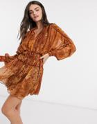 Asos Design Shirred Waist Mini Dress With Satin Cuff In Abstract Tile Print-multi