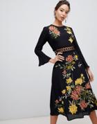 Asos Design Premium Embroidered Midi Dress With Lace Inserts And Floral Embroidery - Black
