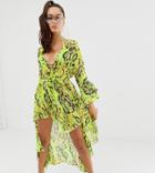 Asos Design Glam Beach Kimono In Neon Snake Print With Ruffle Sleeves-multi