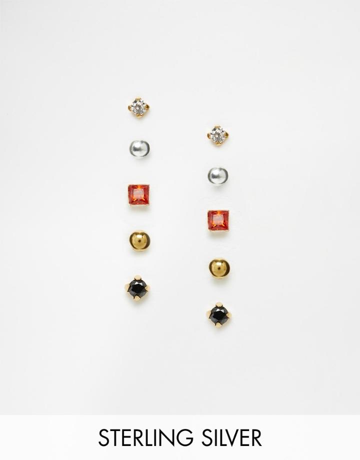 Asos Sterling Silver Pack Of 5 Mixed Stone & Ball Stud Earrings - Multi