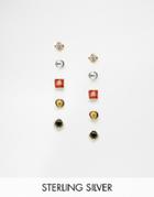 Asos Sterling Silver Pack Of 5 Mixed Stone & Ball Stud Earrings - Multi