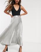 Asos Design Metallic Pleated Midi Skirt In Silver