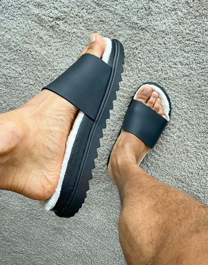 Asos Design Slipper In Black With Faux Fur Lining