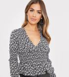 In The Style Exclusive Plunge Front Shirred Detail Ruffle Sleeve Top In Multi Ditsy Print