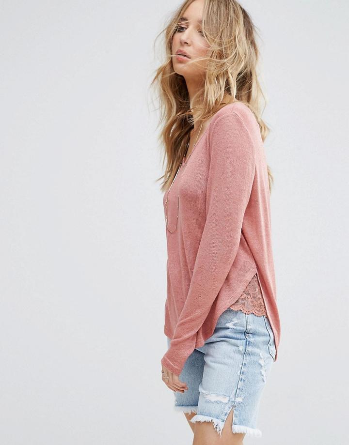 Via Lace Trim Knitted Top - Red