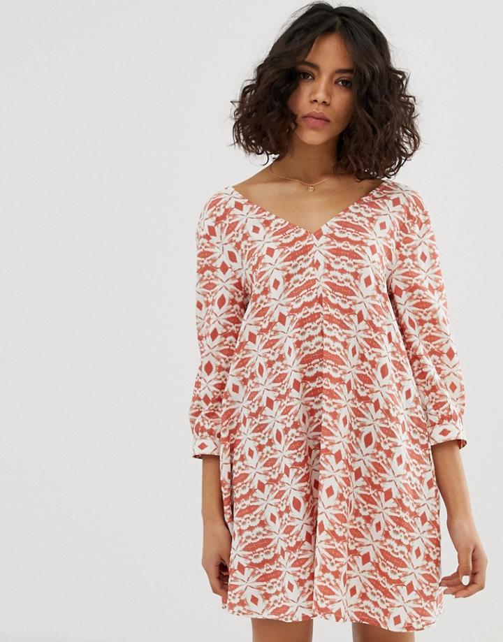 Native Youth Volume Smock Dress In Tile Print-orange