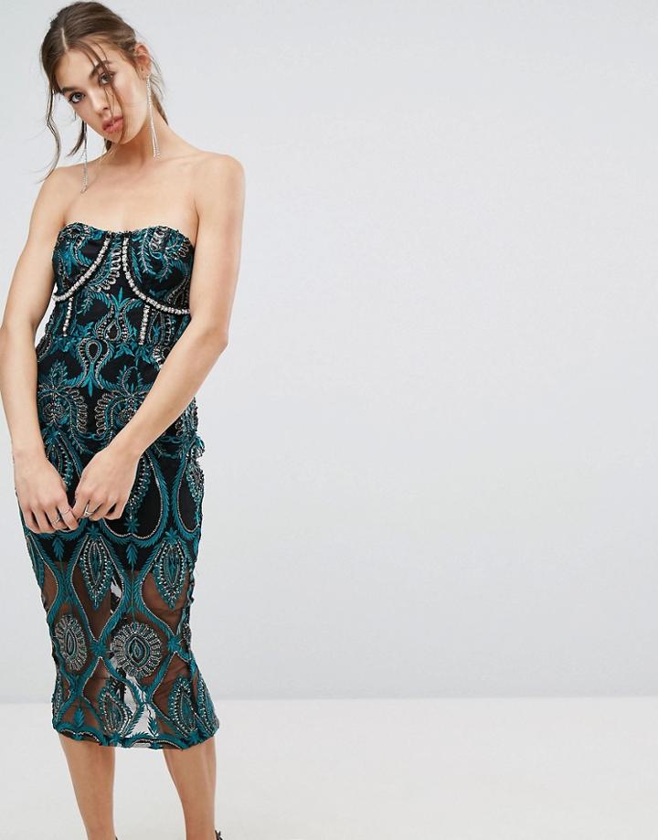 Prettylittlething Premium Embroidered Bandeau Midi Dress - Black