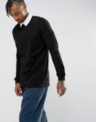 Asos Longline Long Sleeve Rugby Polo Shirt In Black - Black