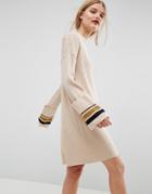Asos Knitted Dress With Turn Up Cuffs And Tipping - Stone
