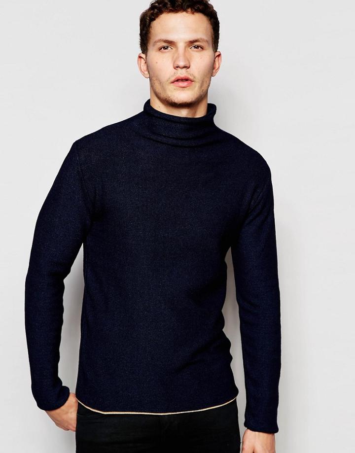 Nudie Turtleneck Sweater Dale Raw Roll Edge In Indigo - Indigo