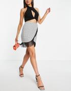 Trendyol Wrap Front Mini Skirt In Spot With Fringing-white