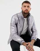 Boohooman Puffer Jacket In Silver - Silver