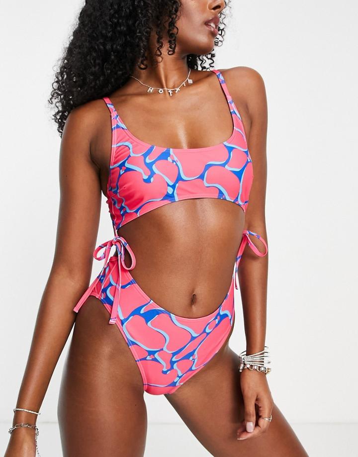 Luxe Palm Swimsuit With Cut Out In Pink Print