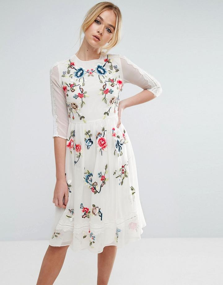 Asos Premium Midi Skater Dress With Floral Embroidery - Cream
