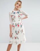 Asos Premium Midi Skater Dress With Floral Embroidery - Cream