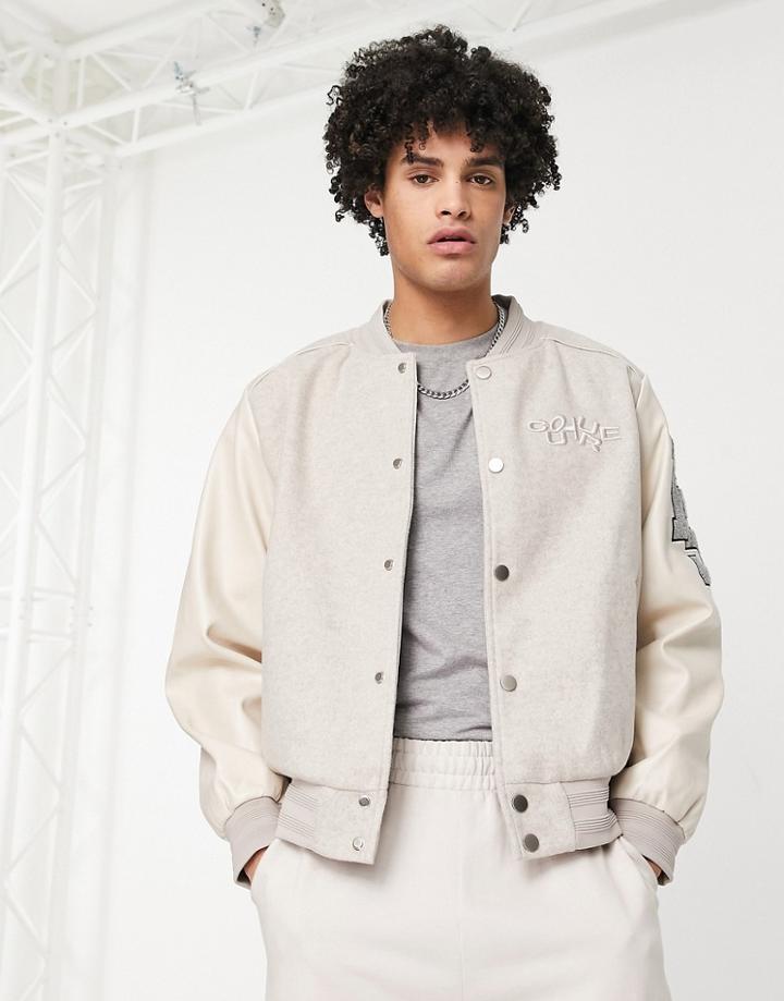 The Couture Club Varsity Bomber Jacket With Embroided Patches In Cream-neutral
