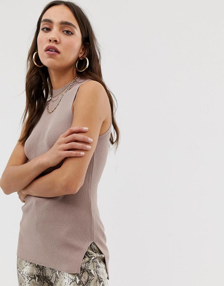 River Island Knitted High Neck Tank In Taupe-brown