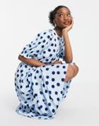 New Look Smock Midi Dress In Blue Polka Dot-blues