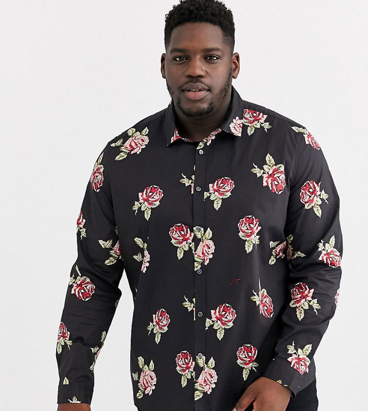 Asos Design Plus Regular Fit Shirt With Floral Print In Black