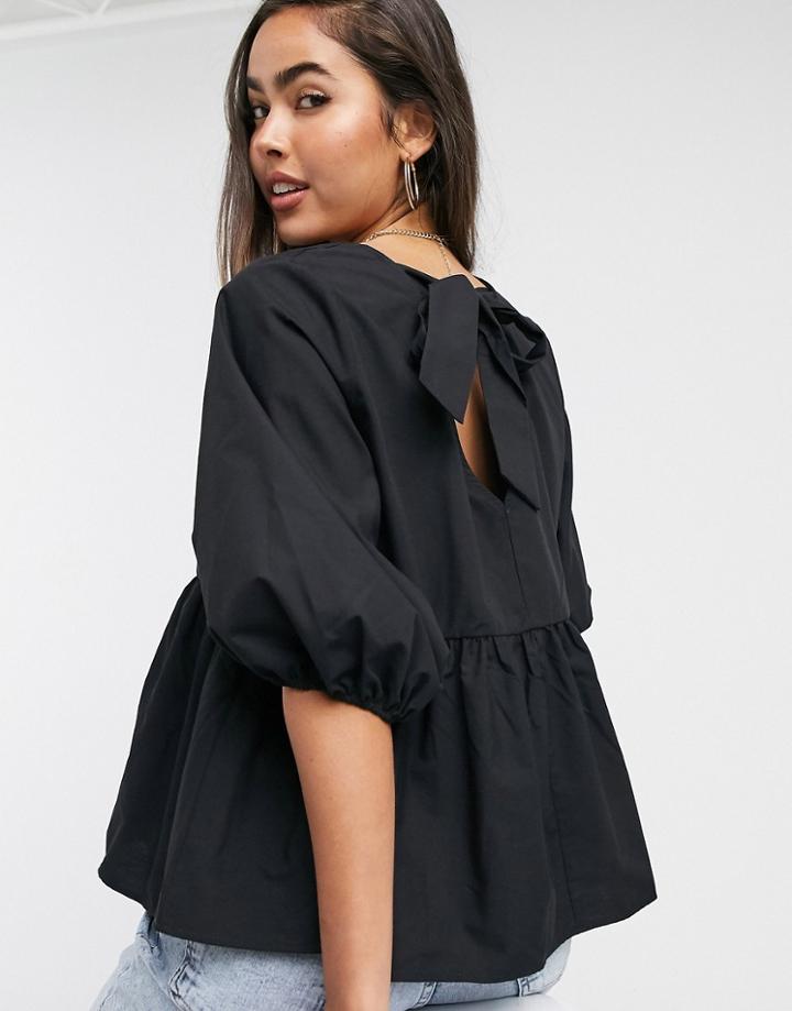 Asos Design Long Sleeve Cotton Smock Top With Pep Hem In Black