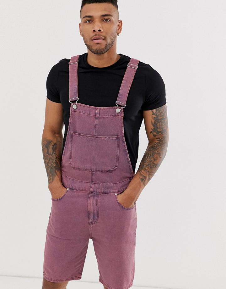 Asos Design Denim Overall Shorts In Pink Acid Wash - Pink