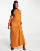 Asos Design Twist Neck Long Sleeve Textured Maxi Dress In Rust-multi