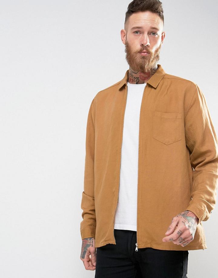 Asos Regular Fit Linen Mix Zip Through Shirt In Camel - Tan