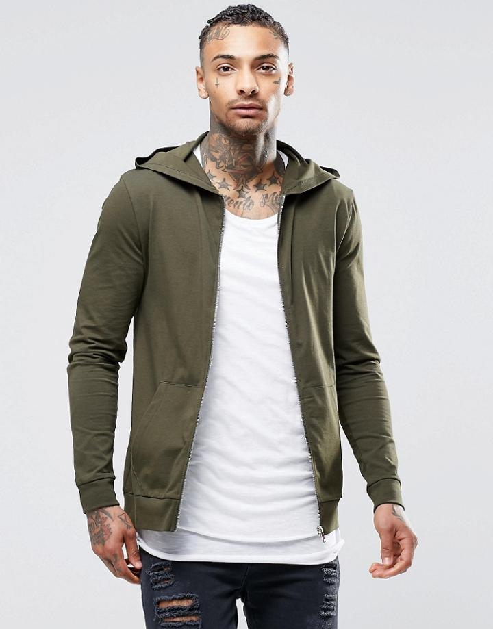 Asos Muscle Zip Up Hoodie In Khaki Lightweight Jersey - Hunter Green