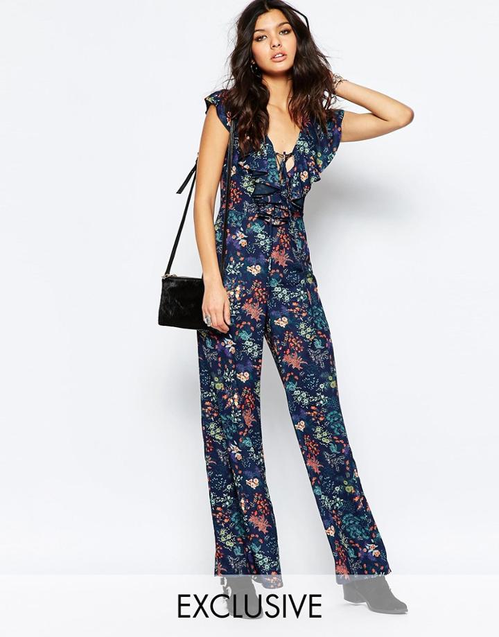 Reclaimed Vintage Wide Leg Jumpsuit With Ruffles & Lace Up In Floral - Navy