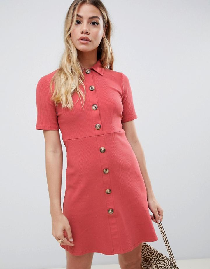 Asos Design Mini Polo Shirt Dress With Large Faux Horn Buttons - Pink