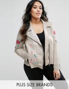 Alice & You Floral Embroidered Faux Leather Jacket With Studs - Beige