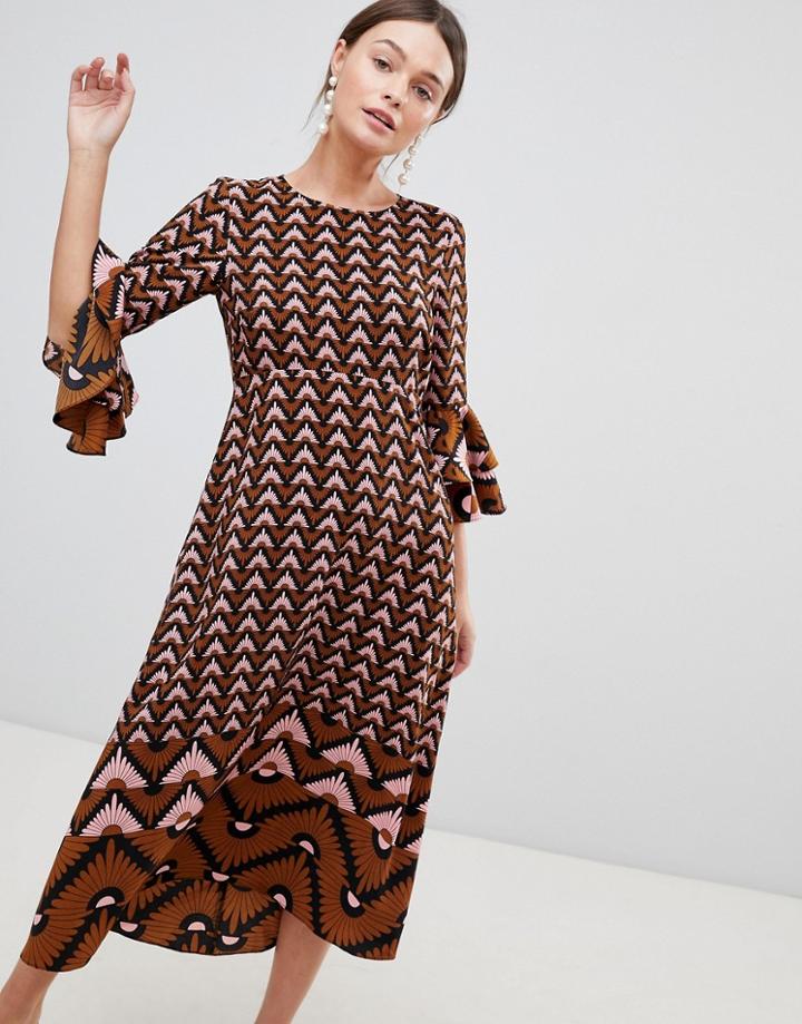 Traffic People Printed Midi Dress With Flute Sleeve - Navy