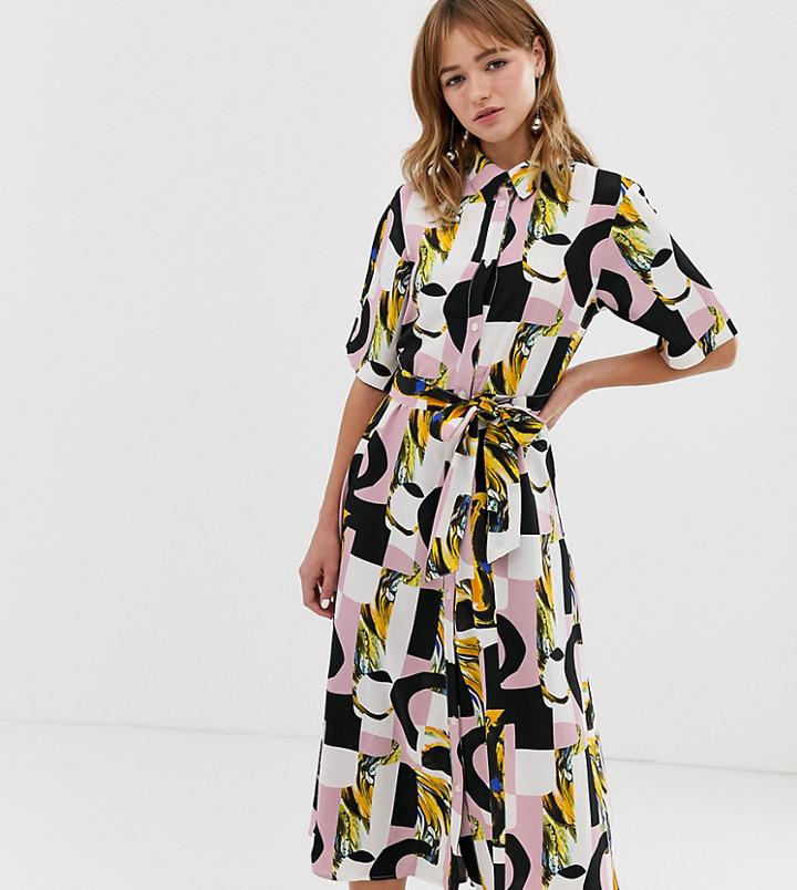 Monki Abstract Print Tie Waist Midi Shirt Dress In Pink - Pink