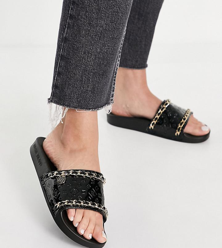 River Island Wide Fit Embossed Monogram Patent Sandals In Black