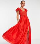 Asos Design Frill Sleeve Plisse Maxi Dress In Red