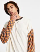 Asos Design Oversized Long Sleeve T-shirt In Off-white With Check Print Sleeves-neutral