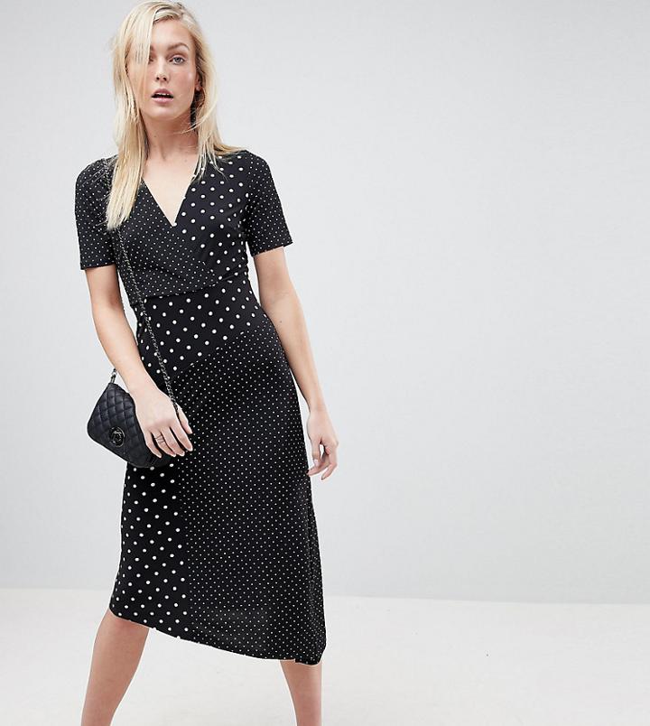 Asos Tall Midi Wrap Dress In Mixed Polka Dot With Asymmetric Hem - Multi