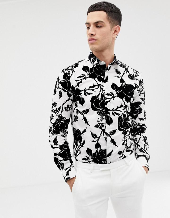 Twisted Tailor Skinny Fit Shirt With Black Flocking - White