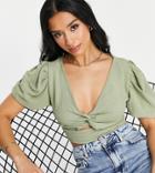 Missguided Petite Crop Cut Out Top In Sage-green