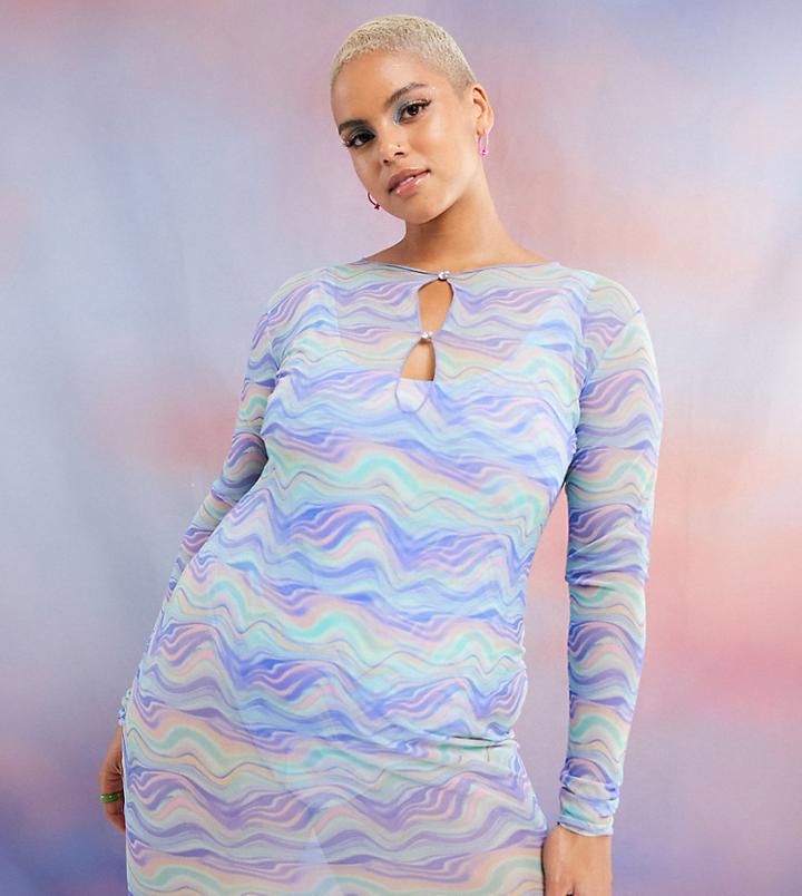 Asos Design Curve Button Mesh Beach Dress In Ripple Print-multi