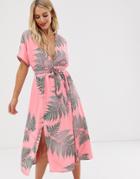 Glamorous Midi Tea Dress With Tie Waist In Palm Print-pink