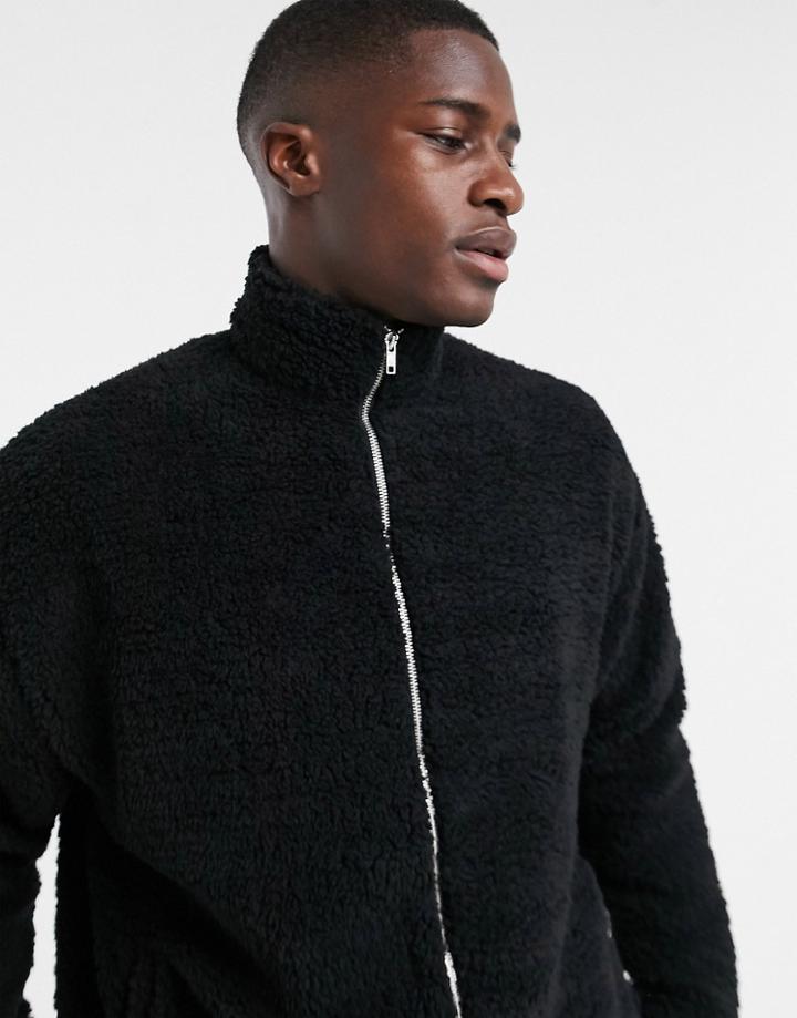 Asos Design Oversized Track Top In Black Teddy Borg
