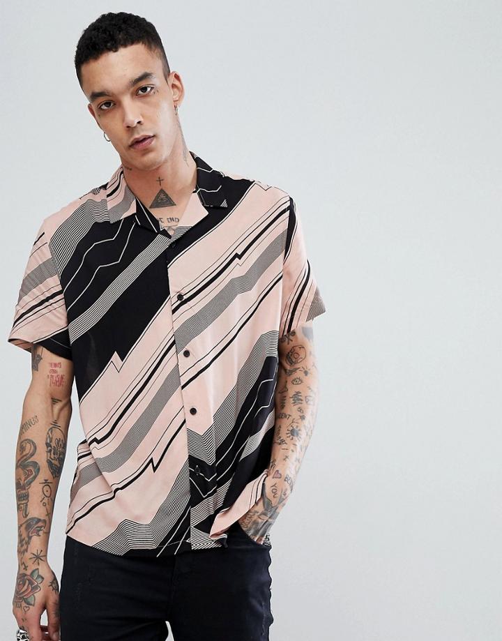 Asos Oversized Viscose Print Shirt With Revere Collar - Pink
