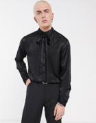 Asos Design Regular Fit Satin Funnel Neck Shirt With Tie Detail